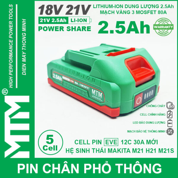 Pin chân phổ thông Makita 18V 21V 2.5Ah 5 cell mạch 80A led báo pin chống sốc - Cell EVE 25P 5