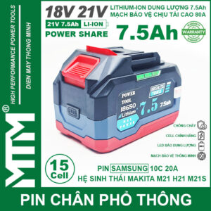 Pin chân phổ thông Makita 18V 21V 7.5Ah 15 cell mạch 80A led báo pin chống sốc - Cell Samsung 25R 16