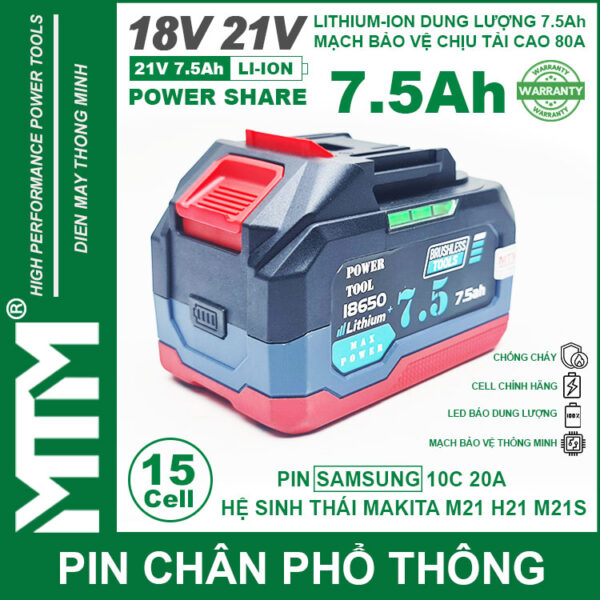 Pin chân phổ thông Makita 18V 21V 7.5Ah 15 cell mạch 80A led báo pin chống sốc - Cell Samsung 25R 6