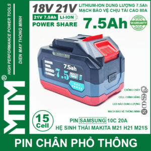 Pin chân phổ thông Makita 18V 21V 7.5Ah 15 cell mạch 80A led báo pin chống sốc - Cell Samsung 25R 17