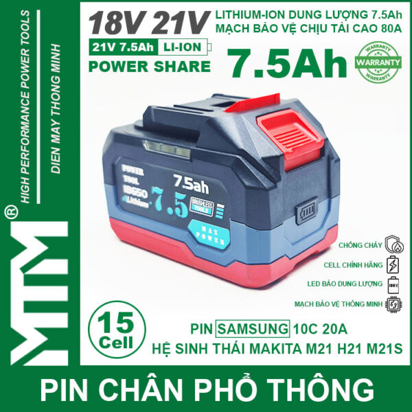 Pin chân phổ thông Makita 18V 21V 7.5Ah 15 cell mạch 80A led báo pin chống sốc - Cell Samsung 25R 7