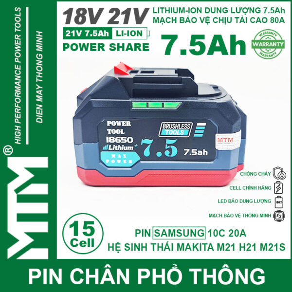 Pin chân phổ thông Makita 18V 21V 7.5Ah 15 cell mạch 80A led báo pin chống sốc - Cell Samsung 25R 4