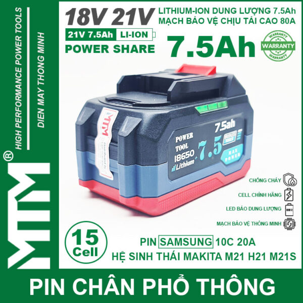 Pin chân phổ thông Makita 18V 21V 7.5Ah 15 cell mạch 80A led báo pin chống sốc - Cell Samsung 25R 5