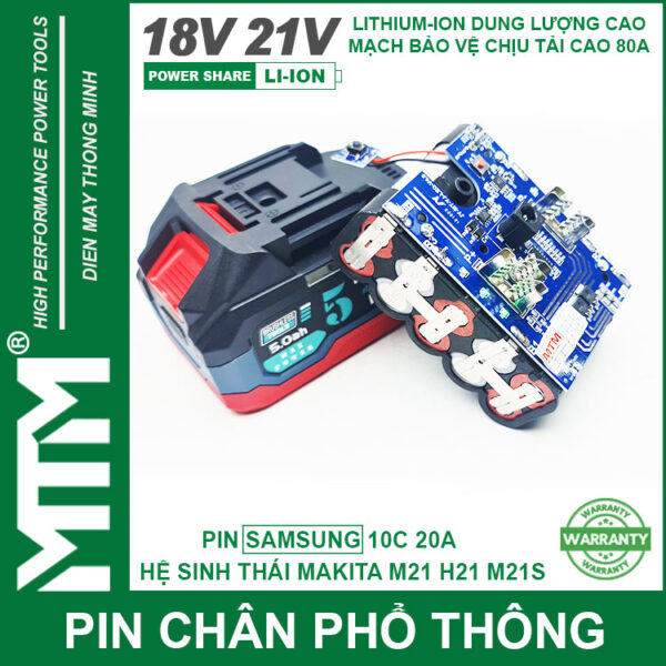 Pin chân phổ thông Makita 18V 21V 2.5Ah 5 cell mạch 80A led báo pin chống sốc - Cell Samsung 25R 10