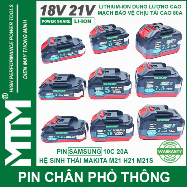 Pin chân phổ thông Makita 18V 21V 2.5Ah 5 cell mạch 80A led báo pin chống sốc - Cell Samsung 25R 13