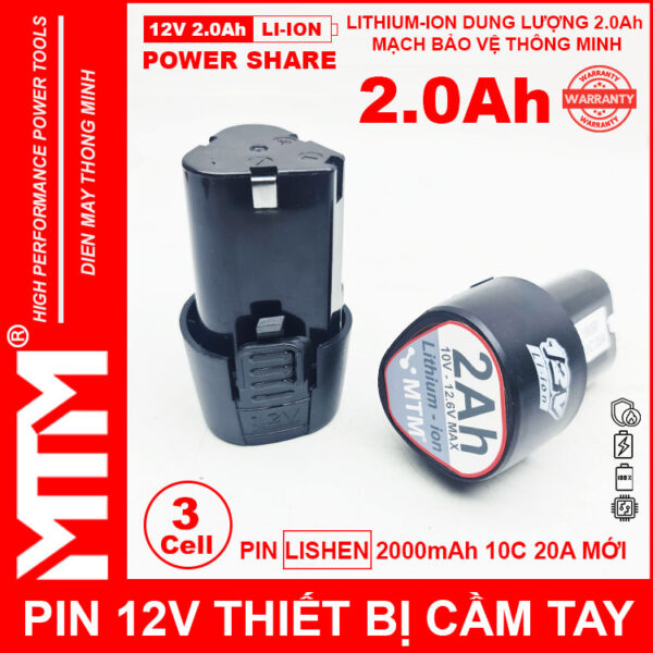 Pin máy khoan bắt vít 12V 2.0Ah 3 cell chuẩn khe loại B - Cell LISHEN 10C 20A 3