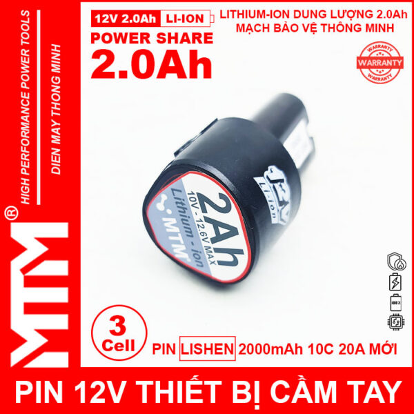 Pin máy khoan bắt vít 12V 2.0Ah 3 cell chuẩn khe loại B - Cell LISHEN 10C 20A 4