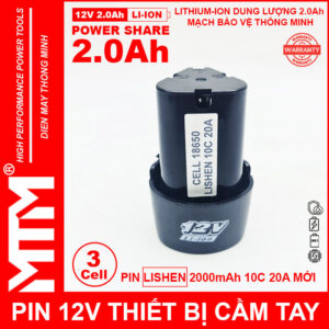 Pin máy khoan bắt vít 12V 2.0Ah 3 cell chuẩn khe loại B - Cell LISHEN 10C 20A 14