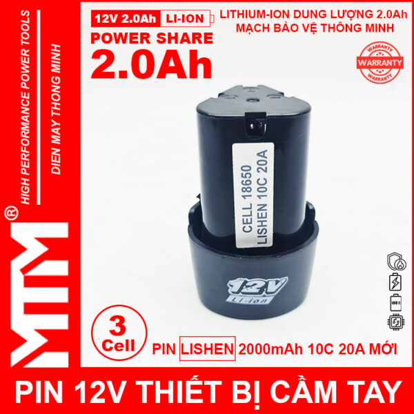 Pin máy khoan bắt vít 12V 2.0Ah 3 cell chuẩn khe loại B - Cell LISHEN 10C 20A 5