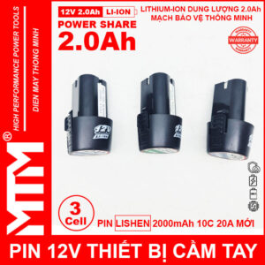 Pin máy khoan bắt vít 12V 2.0Ah 3 cell chuẩn khe loại B - Cell LISHEN 10C 20A 16