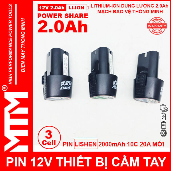 Pin máy khoan bắt vít 12V 2.0Ah 3 cell chuẩn khe loại B - Cell LISHEN 10C 20A 7