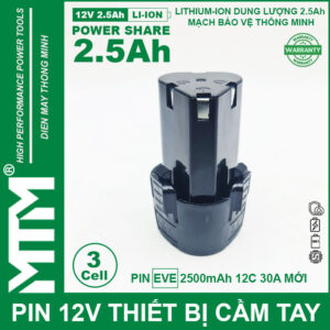 Pin máy khoan bắt vít 12V 2.5Ah 3 cell chuẩn khe loại B - Cell EVE 12C 30A 17