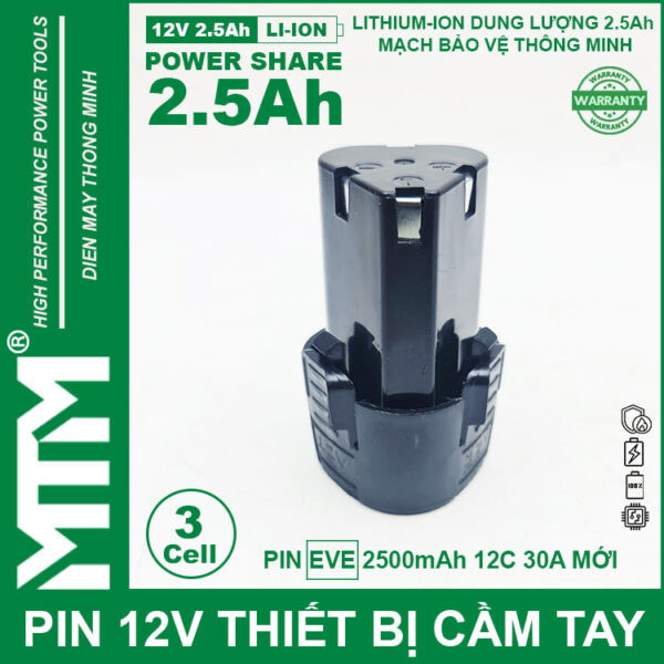 Pin máy khoan bắt vít 12V 2.5Ah 3 cell chuẩn khe loại B - Cell EVE 12C 30A 8