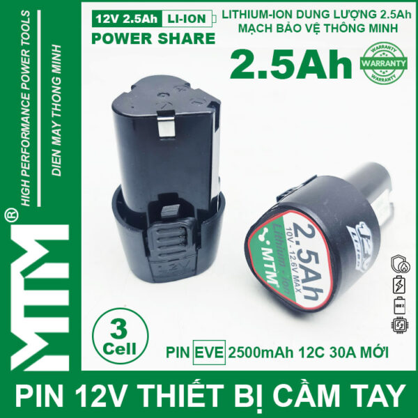 Pin máy khoan bắt vít 12V 2.5Ah 3 cell chuẩn khe loại B - Cell EVE 12C 30A 3