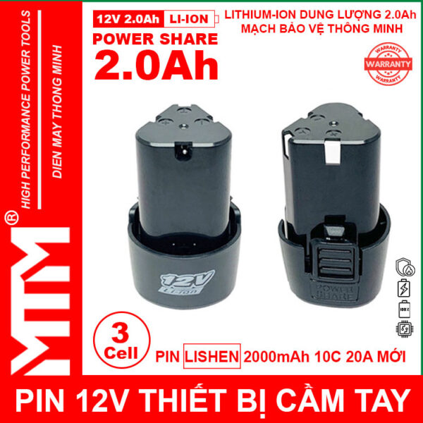 Pin máy khoan bắt vít 12V 2.0Ah 3 cell chuẩn khe loại B - Cell LISHEN 10C 20A 8