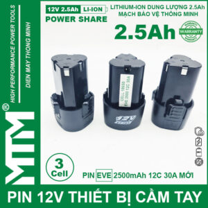 Pin máy khoan bắt vít 12V 2.5Ah 3 cell chuẩn khe loại B - Cell EVE 12C 30A 16