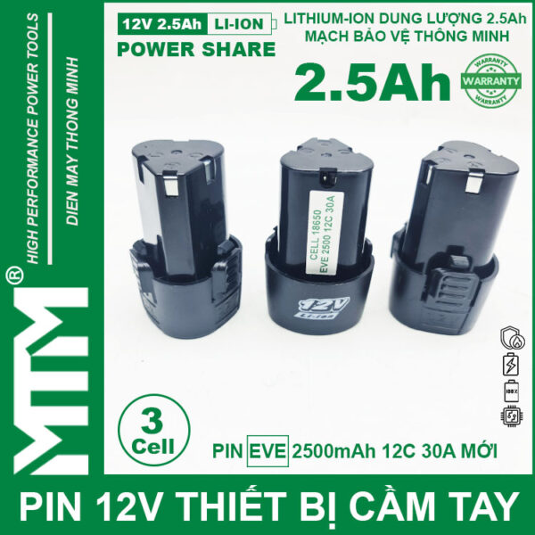 Pin máy khoan bắt vít 12V 2.5Ah 3 cell chuẩn khe loại B - Cell EVE 12C 30A 7