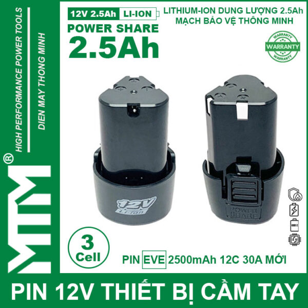 Pin máy khoan bắt vít 12V 2.5Ah 3 cell chuẩn khe loại B - Cell EVE 12C 30A 6