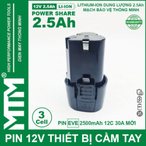 Pin máy khoan bắt vít 12V 2.5Ah 3 cell chuẩn khe loại B - Cell EVE 12C 30A 14