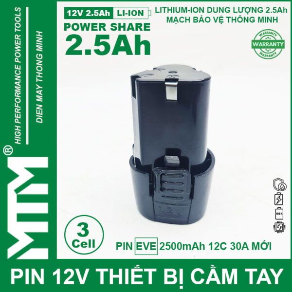 Pin máy khoan bắt vít 12V 2.5Ah 3 cell chuẩn khe loại B - Cell EVE 12C 30A 5