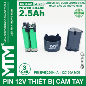 Pin máy khoan bắt vít 12V 2.5Ah 3 cell chuẩn khe loại B - Cell EVE 12C 30A 20