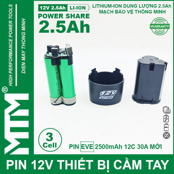 Pin máy khoan bắt vít 12V 2.5Ah 3 cell chuẩn khe loại B - Cell EVE 12C 30A 11