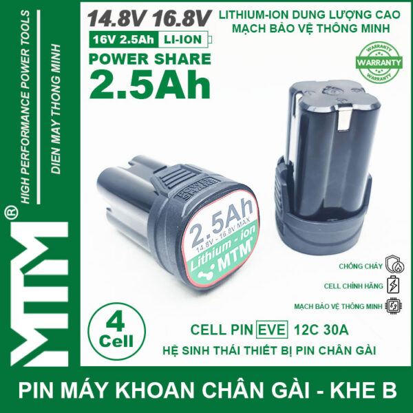 Pin máy khoan bắt vít 16.8V 2.5Ah 4 cell chuẩn chân gài khe B – Cell EVE 12C 30A 6