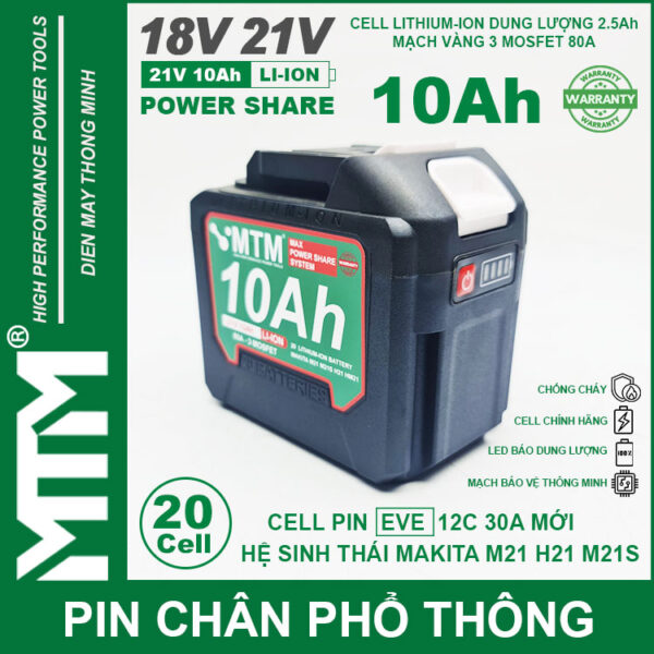 Pin chân phổ thông Makita 18V 21V 10Ah 20 cell mạch 80A led báo pin - Cell EVE 25P 4