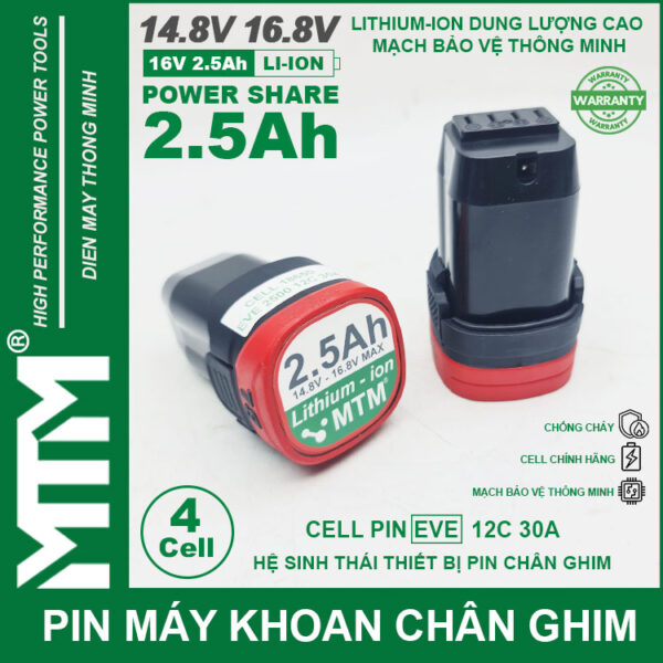 Pin máy khoan bắt vít 16.8V 2.5Ah 4 cell chuẩn khe chân ghim - Cell EVE 12C 30A 3