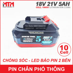 Pin chân phổ thông Makita 18V 21V 5Ah 10 cell mạch 80A - chống sốc led báo pin 2 bên 11