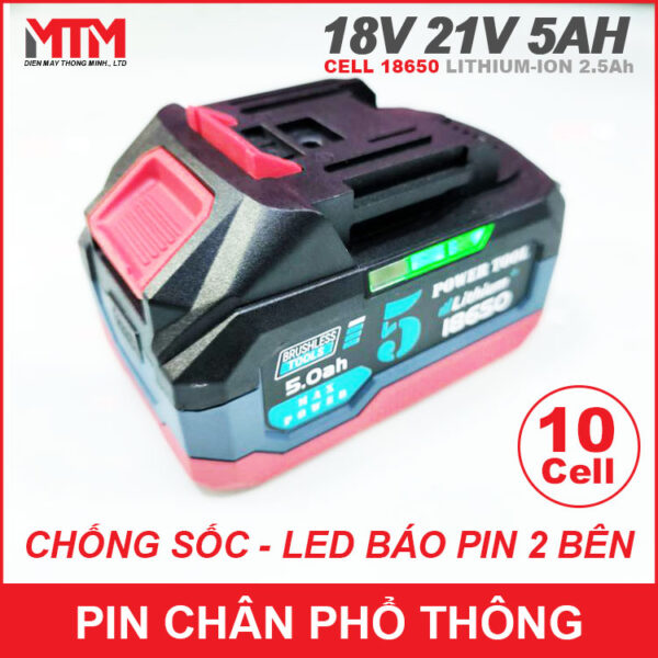 Pin chân phổ thông Makita 18V 21V 5Ah 10 cell mạch 80A - chống sốc led báo pin 2 bên 8