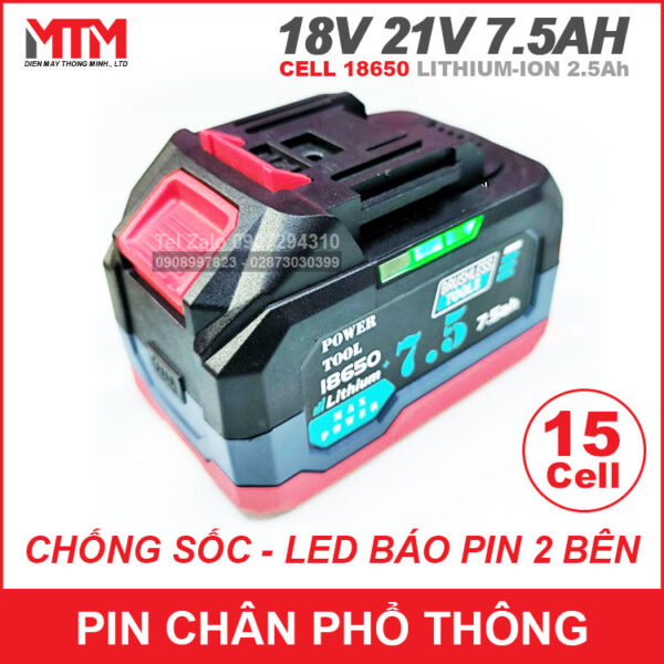 Pin chân phổ thông Makita 18V 21V 7.5Ah 15 cell mạch 80A - chống sốc led báo pin 2 bên 6