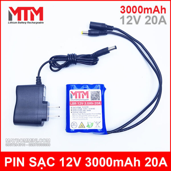 Pin sạc lithium 12V 3000mAh 3S chịu tải 20A MTM kèm sạc 3