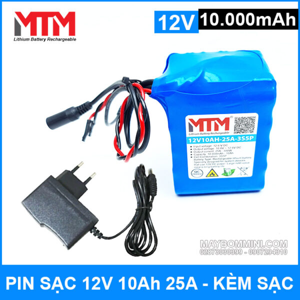 Pin sạc 12V 10Ah 25A 3S MTM kèm sạc 3