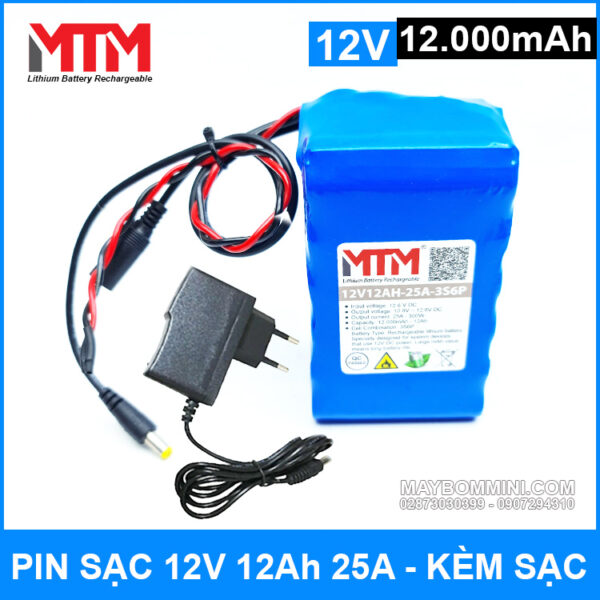 Pin sạc 12V 12Ah 25A 3S MTM kèm sạc 3