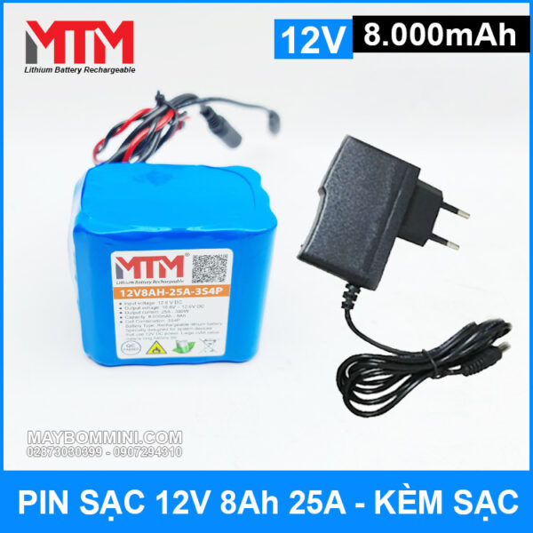 Pin sạc 12V 8Ah 25A 3S MTM kèm sạc 3