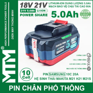 Pin chân phổ thông Makita 18V 21V 5.0Ah 10 cell mạch 80A led báo pin chống sốc - Cell Samsung 25R 19