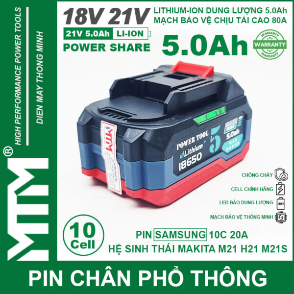 Pin chân phổ thông Makita 18V 21V 5.0Ah 10 cell mạch 80A led báo pin chống sốc - Cell Samsung 25R 8