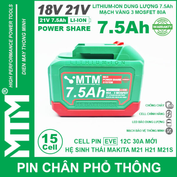 Pin chân phổ thông Makita 18V 21V 7.5Ah 15 cell mạch 80A led báo pin chống sốc - Cell EVE 25P 4