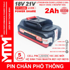 Pin chân phổ thông Makita 18V 21V 2Ah 5cell mạch 80A led báo pin chống sốc - Cell LISHEN 15