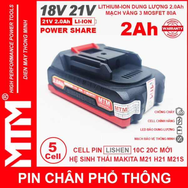 Pin chân phổ thông Makita 18V 21V 2Ah 5cell mạch 80A led báo pin chống sốc - Cell LISHEN 5