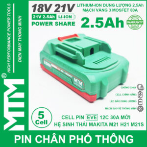 Pin chân phổ thông Makita 18V 21V 2.5Ah 5 cell mạch 80A led báo pin chống sốc - Cell EVE 25P 15