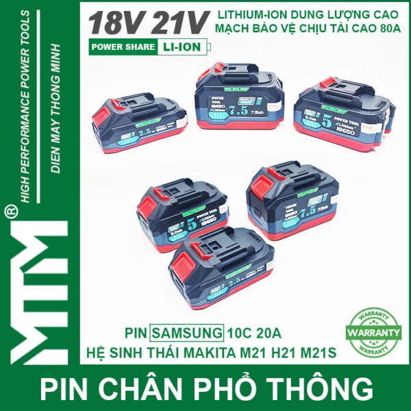 Pin chân phổ thông Makita 18V 21V 2.5Ah 5 cell mạch 80A led báo pin chống sốc - Cell Samsung 25R 12