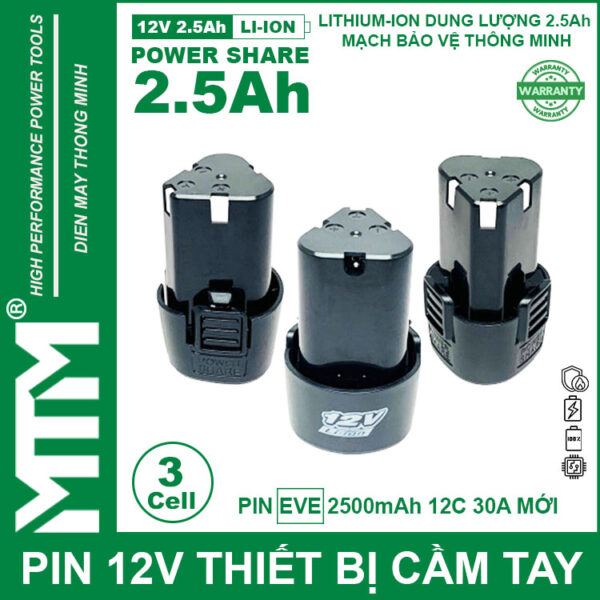 Pin máy khoan bắt vít 12V 2.5Ah 3 cell chuẩn khe loại B - Cell EVE 12C 30A 4