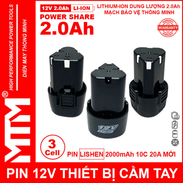 Pin máy khoan bắt vít 12V 2.0Ah 3 cell chuẩn khe loại B - Cell LISHEN 10C 20A 10