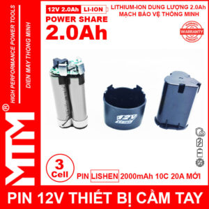 Pin máy khoan bắt vít 12V 2.0Ah 3 cell chuẩn khe loại B - Cell LISHEN 10C 20A 18