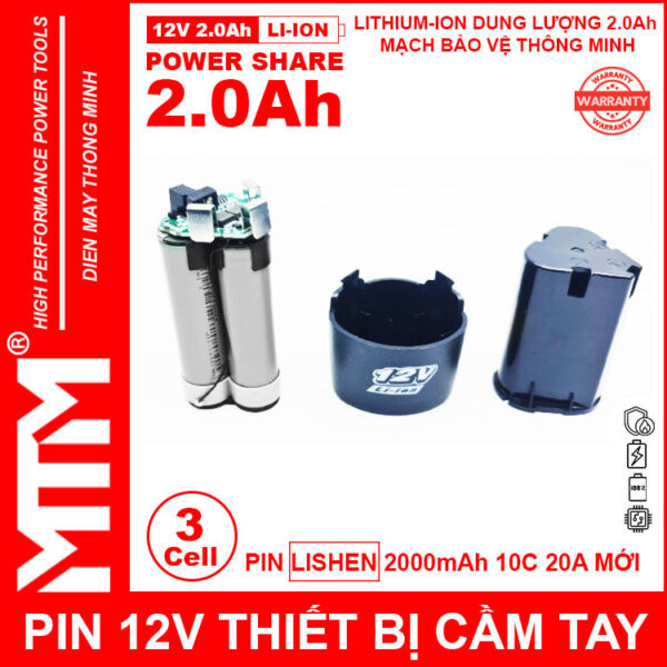 Pin máy khoan bắt vít 12V 2.0Ah 3 cell chuẩn khe loại B - Cell LISHEN 10C 20A 9