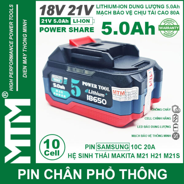 Pin chân phổ thông Makita 18V 21V 5.0Ah 10 cell mạch 80A led báo pin chống sốc - Cell Samsung 25R 5