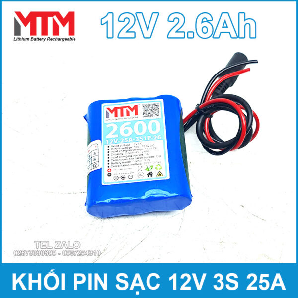 Khối pin sạc 12V 2.6Ah 25A 3S MTM - kèm sạc 5