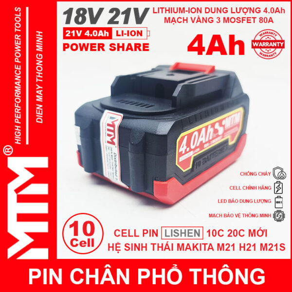 Pin chân phổ thông Makita 18V 21V 4Ah 10cell mạch 80A led báo pin chống sốc - Cell LISHEN 6